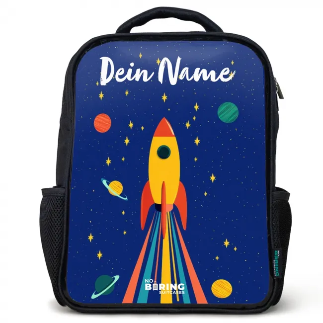 Kinderrucksack mit Namen - Schwarz - Rakete - Sterne - Planet - Weltraum