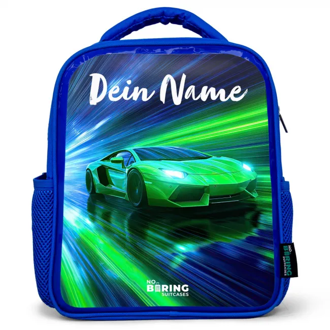 Kinderrucksack mit Namen - Blau - Sportwagen - Grün - Geschwindigkeitslinien - Neon