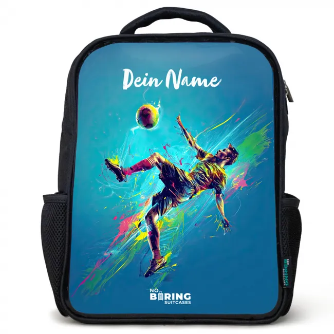 Kinderrucksack mit Namen - Schwarz - Neon - Fußball - Kick - Farbenfroh