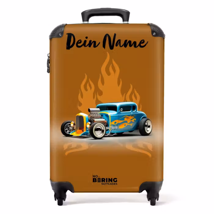 Koffer mit Name - Blaues Auto mit gelben Flammen