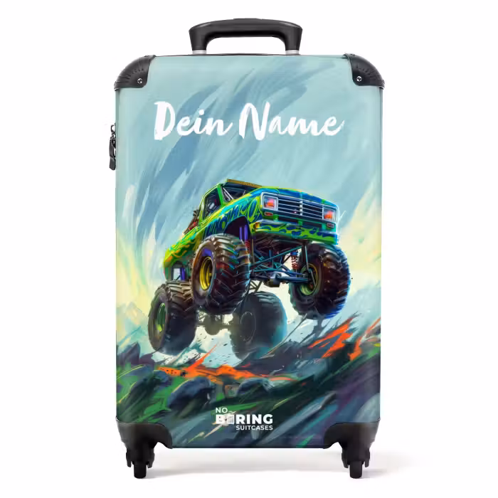 Koffer mit Name - Grüner Monstertruck mit Pinselstrichen