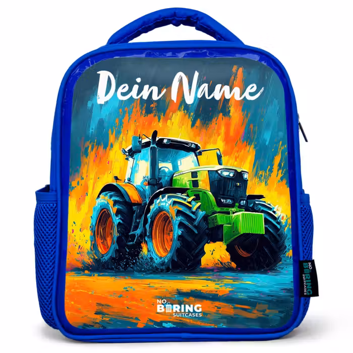 Kinderrucksack mit Namen - Blau - Abstrakt - Traktor - Grün