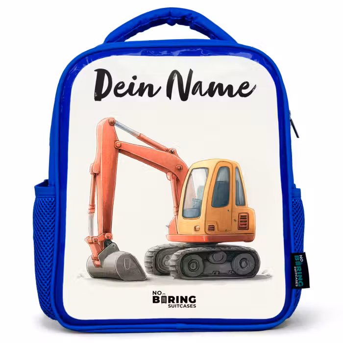 Kinderrucksack mit Namen - Blau - Bagger - Signiert - Orange