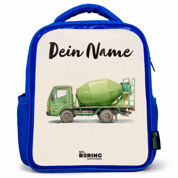 Kinderrucksack mit Namen - Blau - Betonmischer - Unterzeichnet - Grün