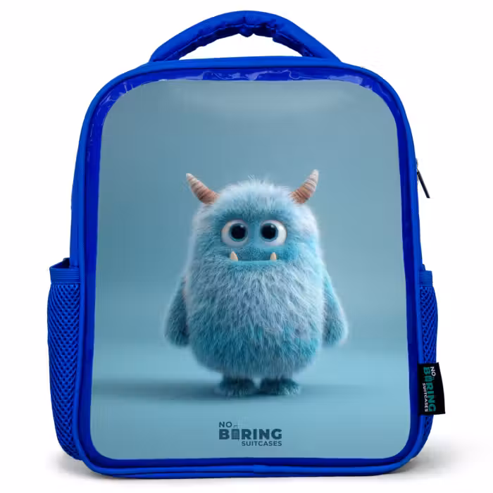 Kinderrucksack - Blau - Blaues Plüschmonster mit Hörnern