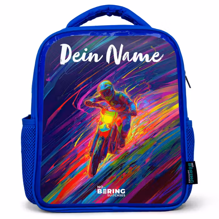 Kinderrucksack mit Namen - Blau - Crossrad - Neonfarben - Linien - Helm