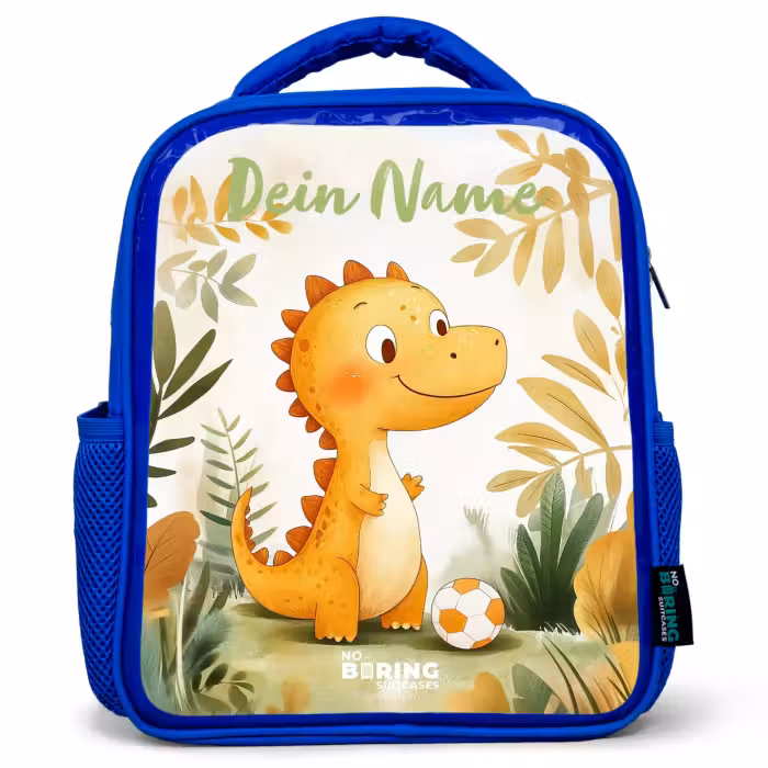 Kinderrucksack mit Namen - Blau - Dino - Fußball - Orange