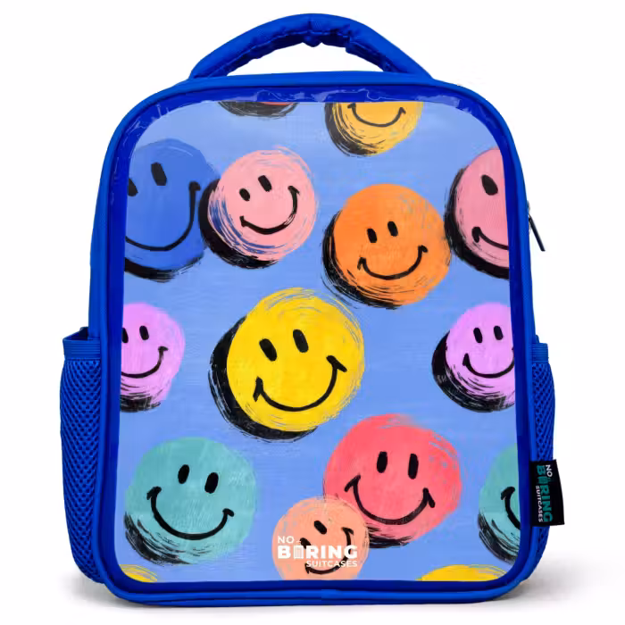 Kinderrucksack - Blau - Ein verspieltes und künstlerisches Muster aus bunten Smileys