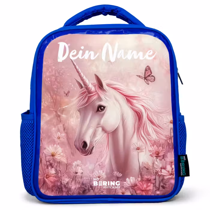 Kinderrucksack mit Namen - Blau - Einhorn - Rosa - Schmetterling - Blumen