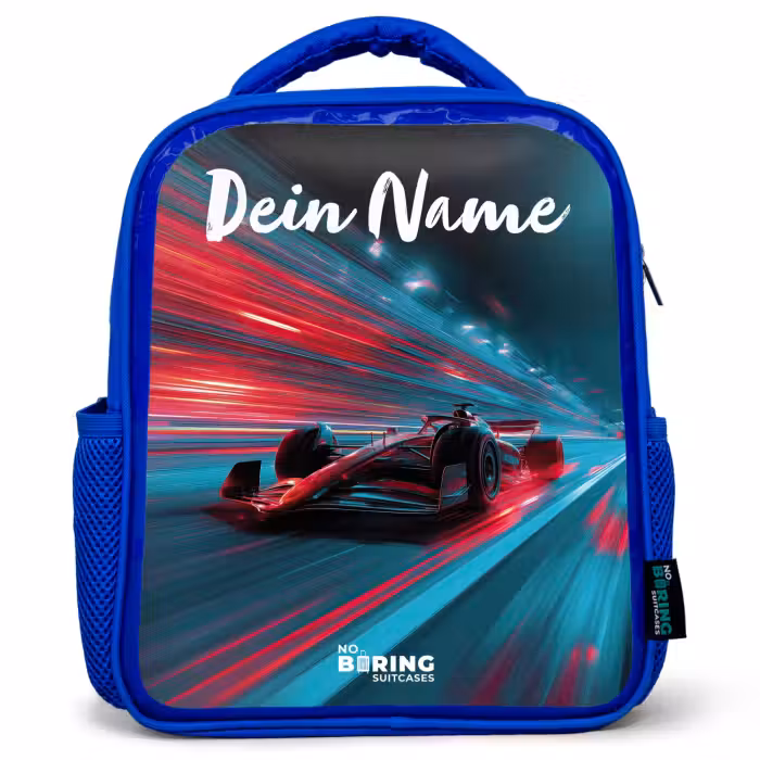Kinderrucksack mit Namen - Blau - Formel 1 - Rennwagen - Rot - Neonlichter