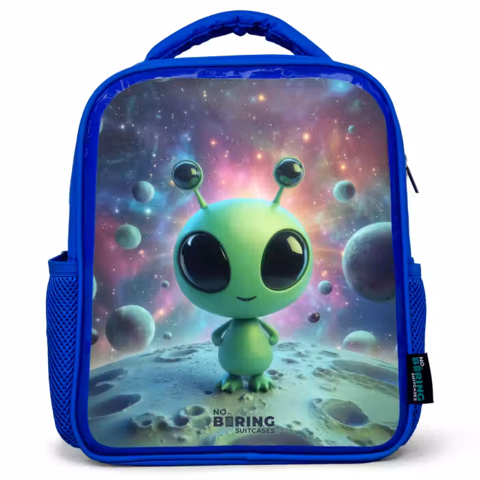 Kinderrucksack - Blau - Grünes außerirdisches Wesen auf Mondlandschaft