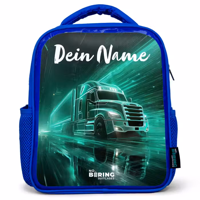 Kinderrucksack mit Namen - Blau - Lkw - Stadt - Grün - Neon