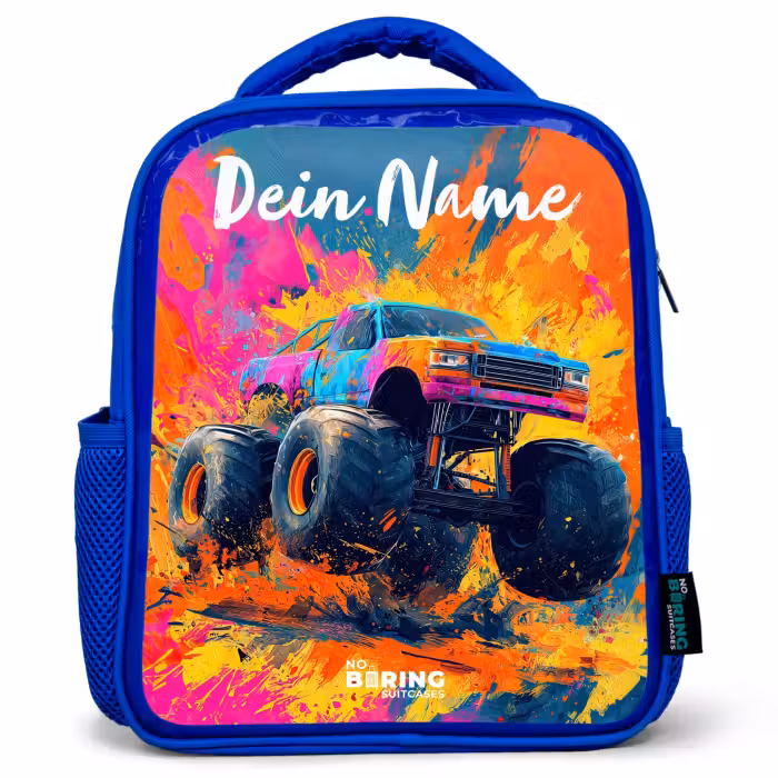 Kinderrucksack mit Namen - Blau - Monstertruck - Abstrakt - Farbspritzer - Farbenfroh