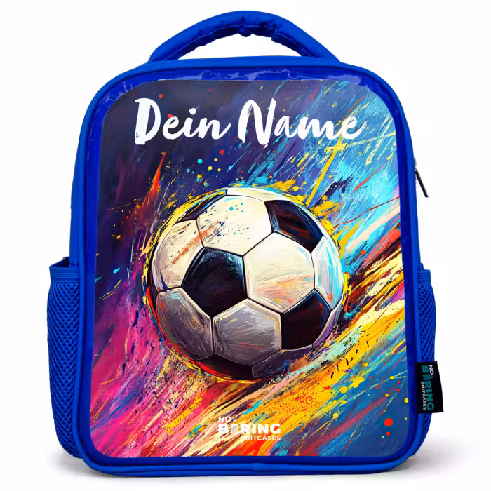 Kinderrucksack mit Namen - Blau - Neon - Fußball - Farbenfroh