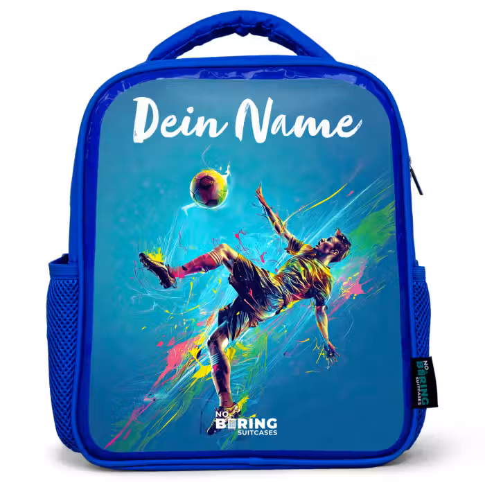 Kinderrucksack mit Namen - Blau - Neon - Fußball - Kick - Farbenfroh