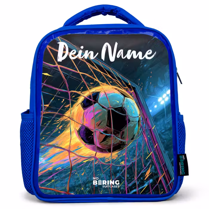 Kinderrucksack mit Namen - Blau - Neon - Netz - Fußball - Farbenfroh