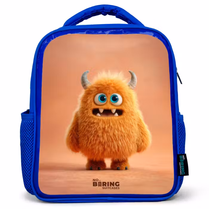 Kinderrucksack - Blau - Orangefarbenes flauschiges Monster mit Hörnern