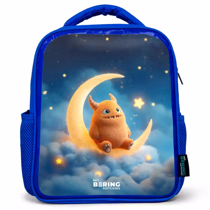 Kinderrucksack - Blau - Orangefarbenes Ungeheuer auf Mondsichel