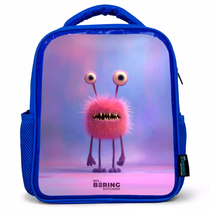 Kinderrucksack - Blau - Rosa pelziges Monster mit großen Augen