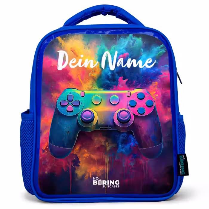 Kinderrucksack mit Namen - Blau - Spiel - Controller - Bunt - Explosion