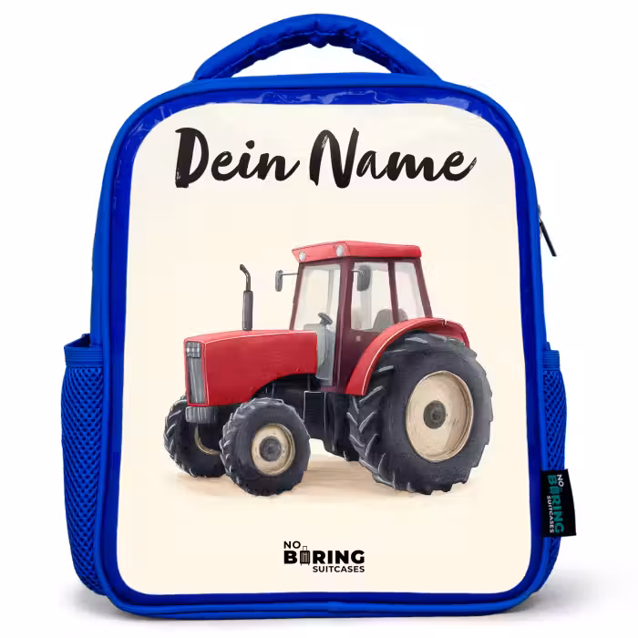Kinderrucksack mit Namen - Blau - Traktor - Signiert - Rot