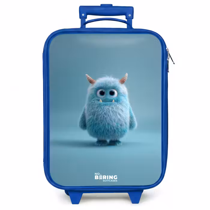 Kinderkoffer Blau - Blaues Plüschmonster mit Hörnern