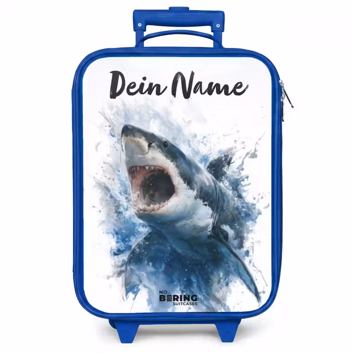 Kinderkoffer Blau mit Name - Angreifender Hai in Aquarell