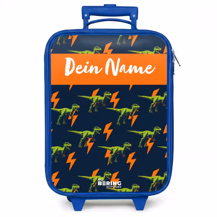 Kinderkoffer Blau mit Name - Dinos - Blitze - Tiere - Blau