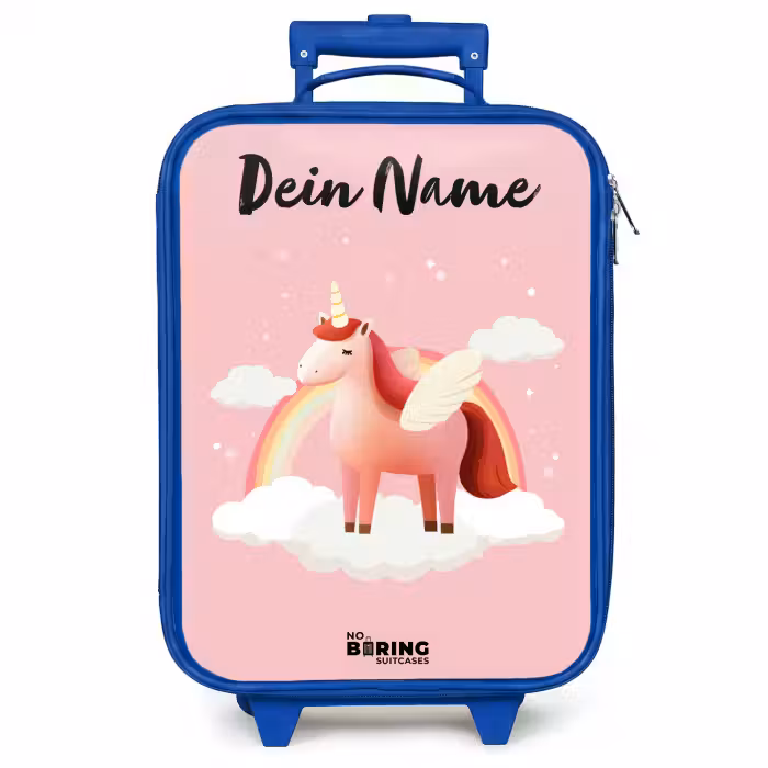 Kinderkoffer Blau mit Name - Einhorn - Flügel - Rosa - Regenbogen