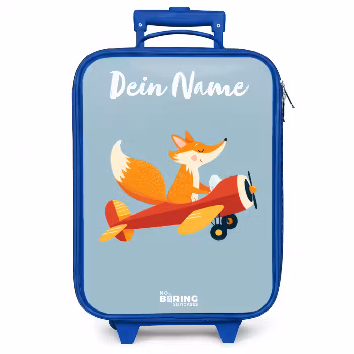 Kinderkoffer Blau mit Name - Fuchs - Flugzeug - Fliegen