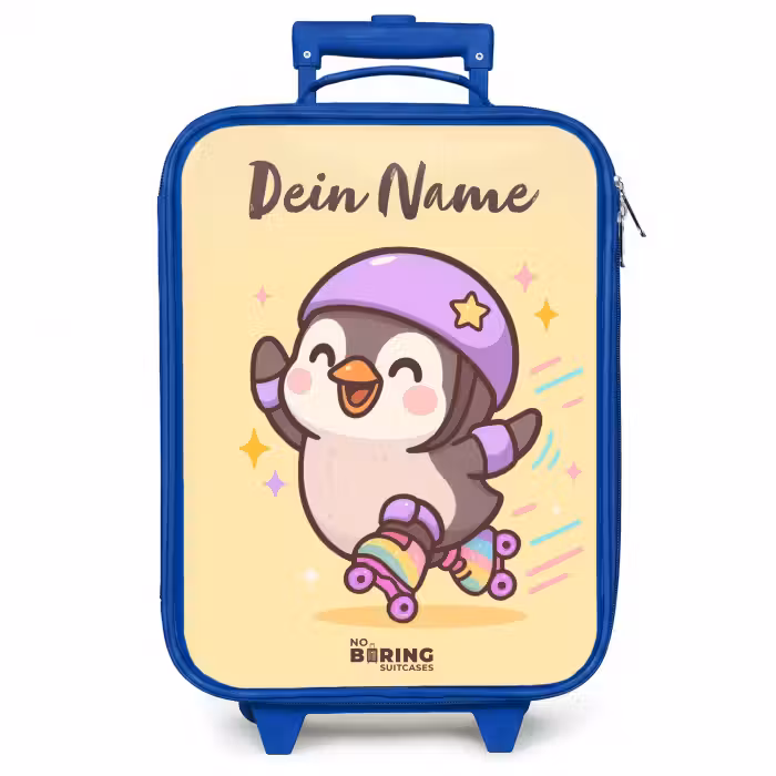 Kinderkoffer Blau mit Name - Kawai - Pinguin - Schlittschuhe