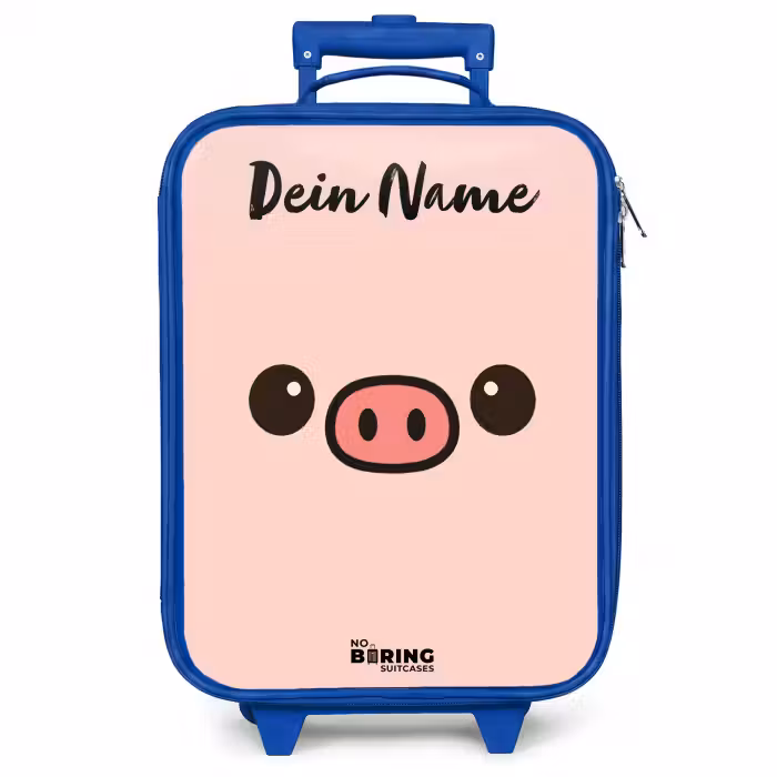 Kinderkoffer Blau mit Name - Kawai - Schwein - Rosa