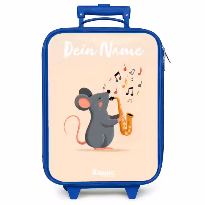 Kinderkoffer Blau mit Name - Maus - Saxophon - Musik