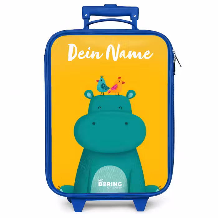 Kinderkoffer Blau mit Name - Nilpferd - Vögel - Gelb