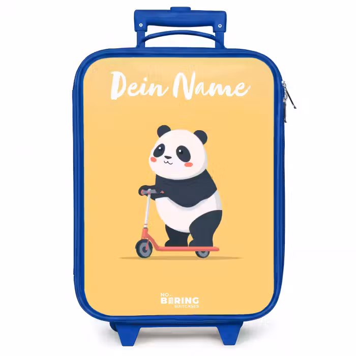 Kinderkoffer Blau mit Name - Panda - Stufe - Gelb