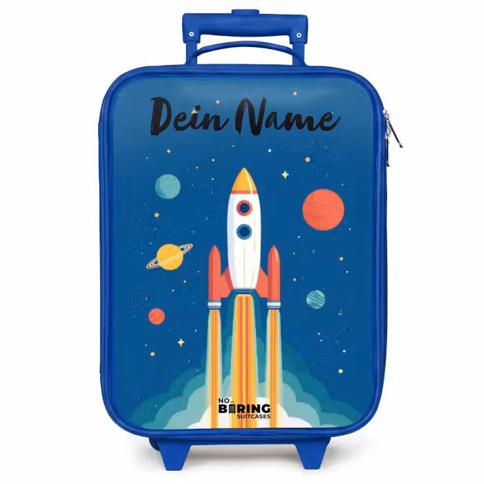Kinderkoffer Blau mit Name - Rakete - Planet - Sterne - Mehrfarbig