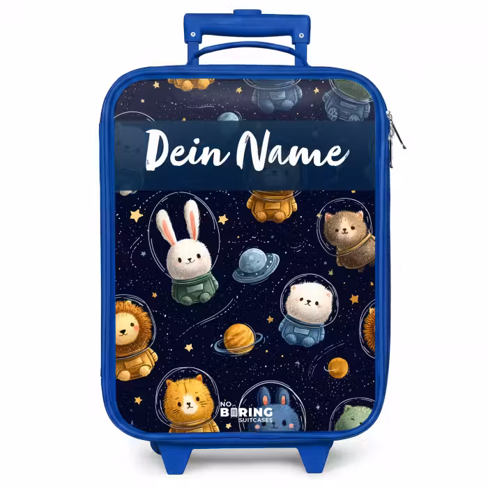 Kinderkoffer Blau mit Name - Tiere - Astronaut - Planeten - Sterne