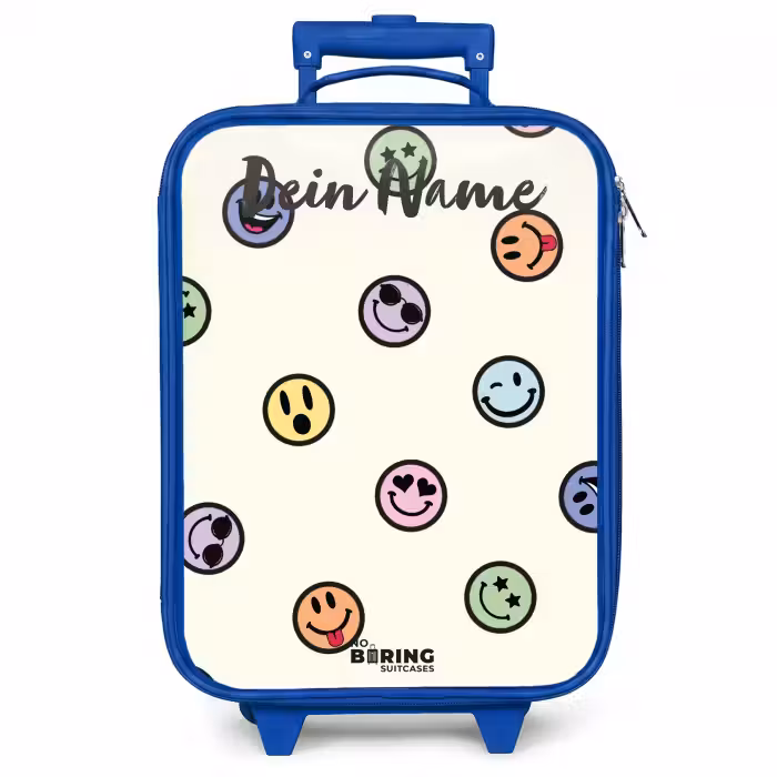 Kinderkoffer Blau mit Name - Verspielter Smiley-Mix