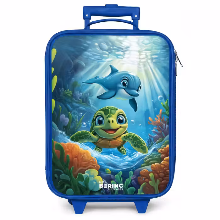 Kinderkoffer Blau - Schildkröte und Delfin im blauen Ozean