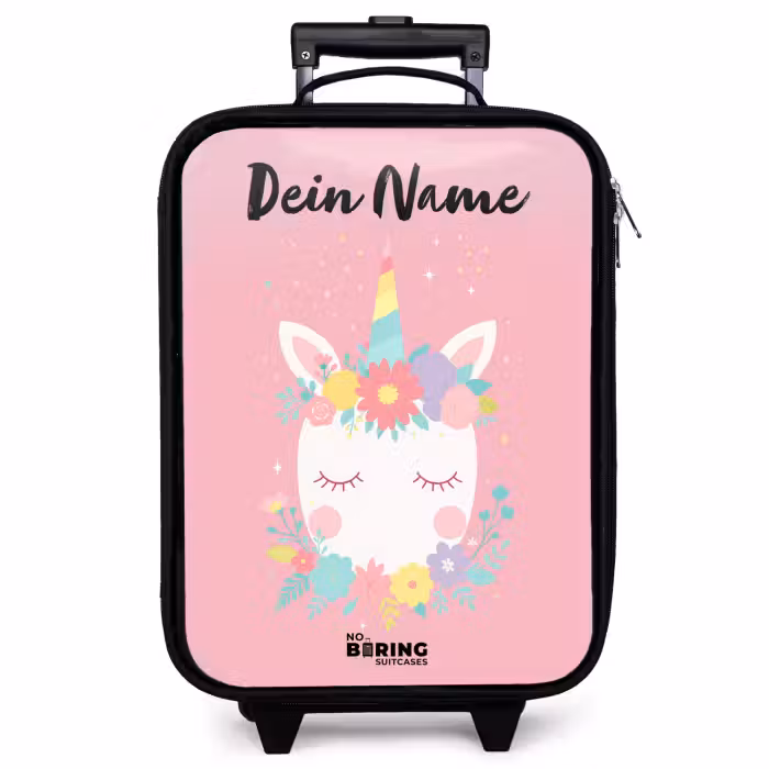 Kinderkoffer mit Name - Einhorn - Blumen - Rosa