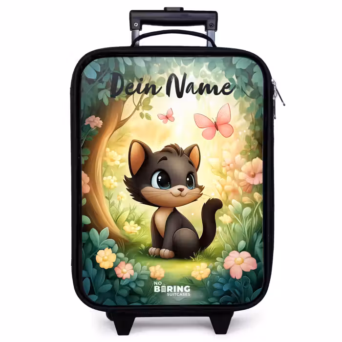 Kinderkoffer mit Name - Katze - Schmetterling - Blumen
