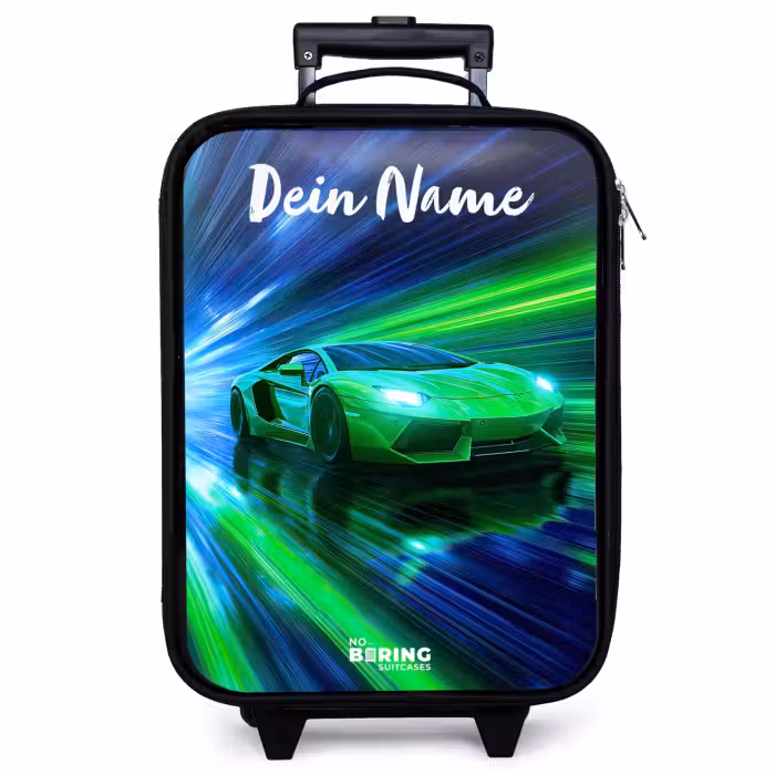 Kinderkoffer mit Name - Sportwagen - Grün - Geschwindigkeitslinien - Neon
