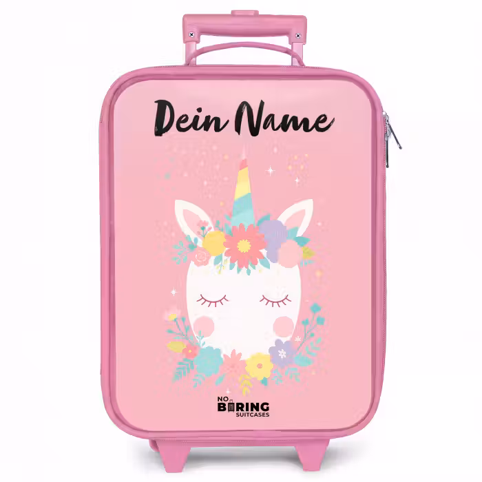Kinderkoffer Rosa mit Name - Einhorn - Blumen - Rosa
