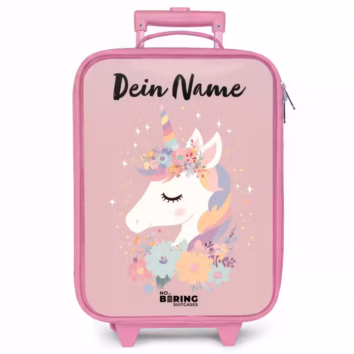 Kinderkoffer Rosa mit Name - Einhorn - Rosa - Blumen