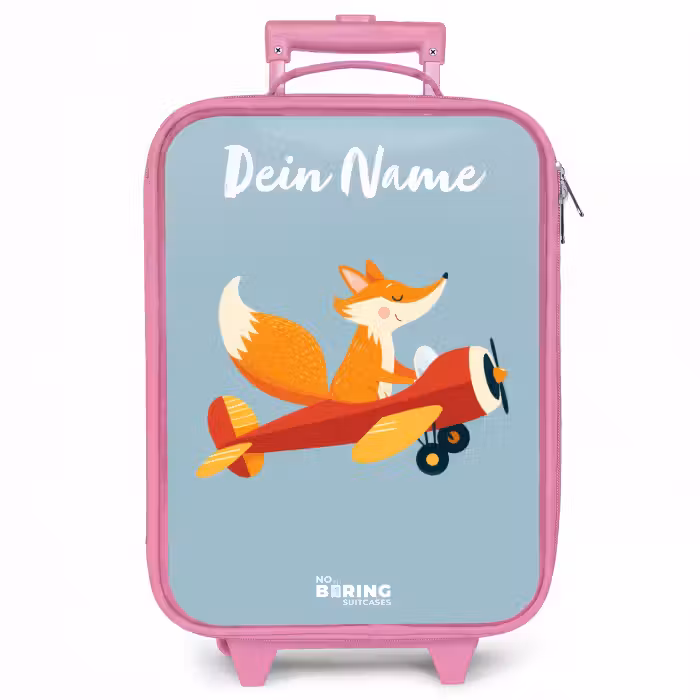 Kinderkoffer Rosa mit Name - Fuchs - Flugzeug - Fliegen