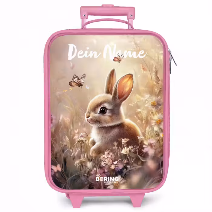 Kinderkoffer Rosa mit Name - Hase - Braun - Blumen - Schmetterlinge