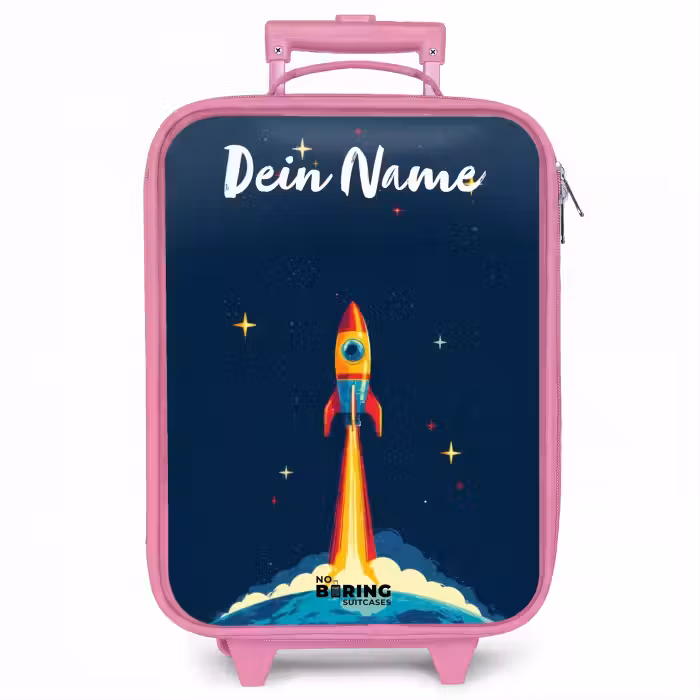 Kinderkoffer Rosa mit Name - Planet - Rakete - Sterne - Dunkelblau