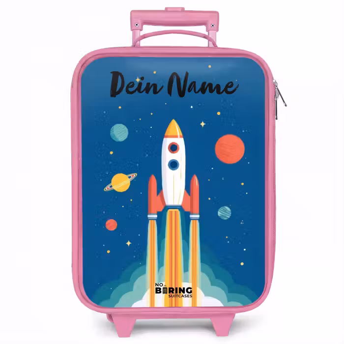 Kinderkoffer Rosa mit Name - Rakete - Planet - Sterne - Mehrfarbig