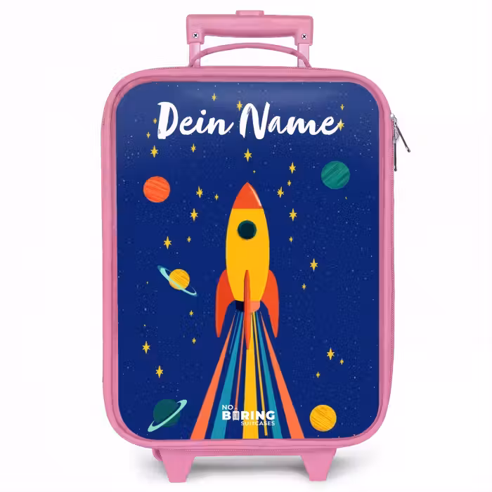 Kinderkoffer Rosa mit Name - Rakete - Sterne - Planet - Weltraum