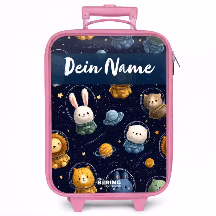 Kinderkoffer Rosa mit Name - Tiere - Astronaut - Planeten - Sterne